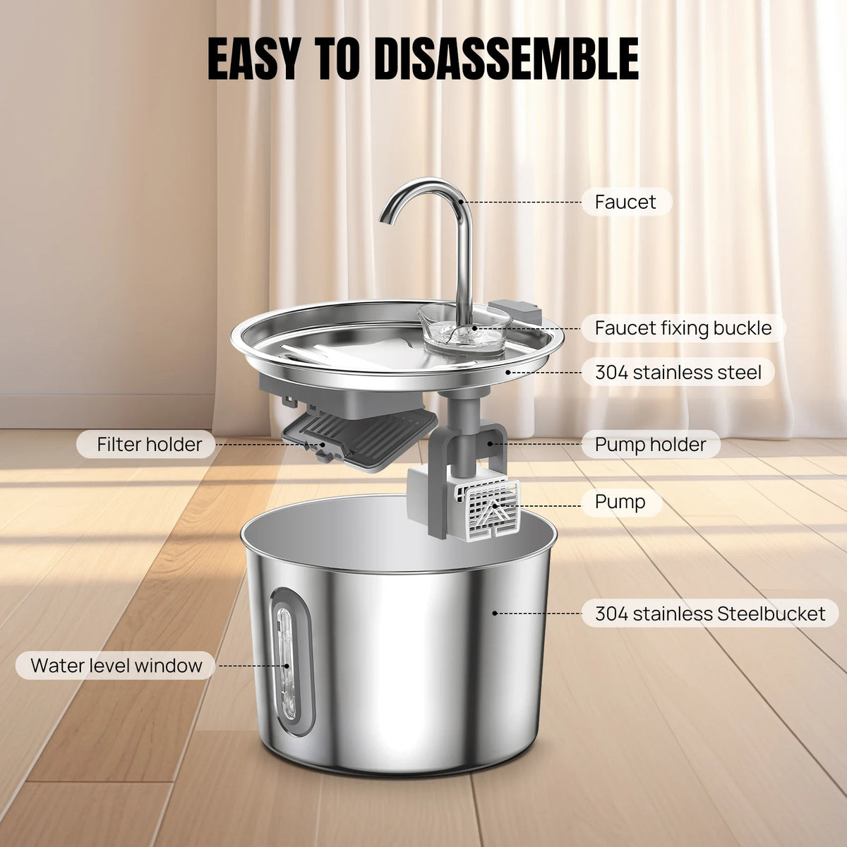 Fuente de agua para gatos 2.2L, acero inoxidable