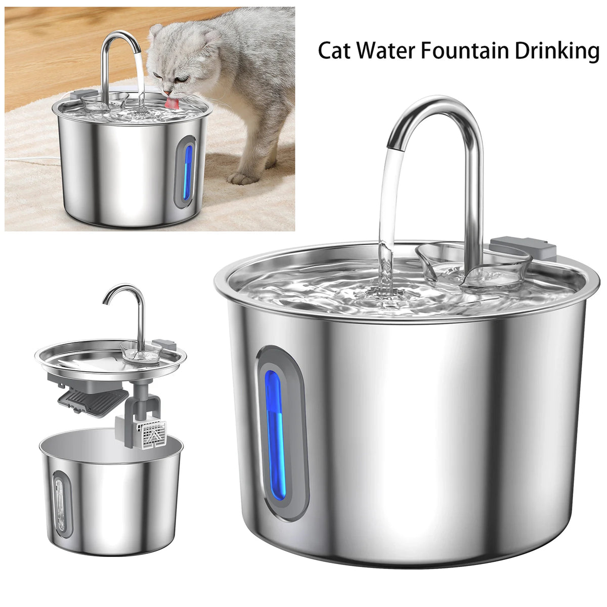 Fuente de agua para gatos 2.2L, acero inoxidable