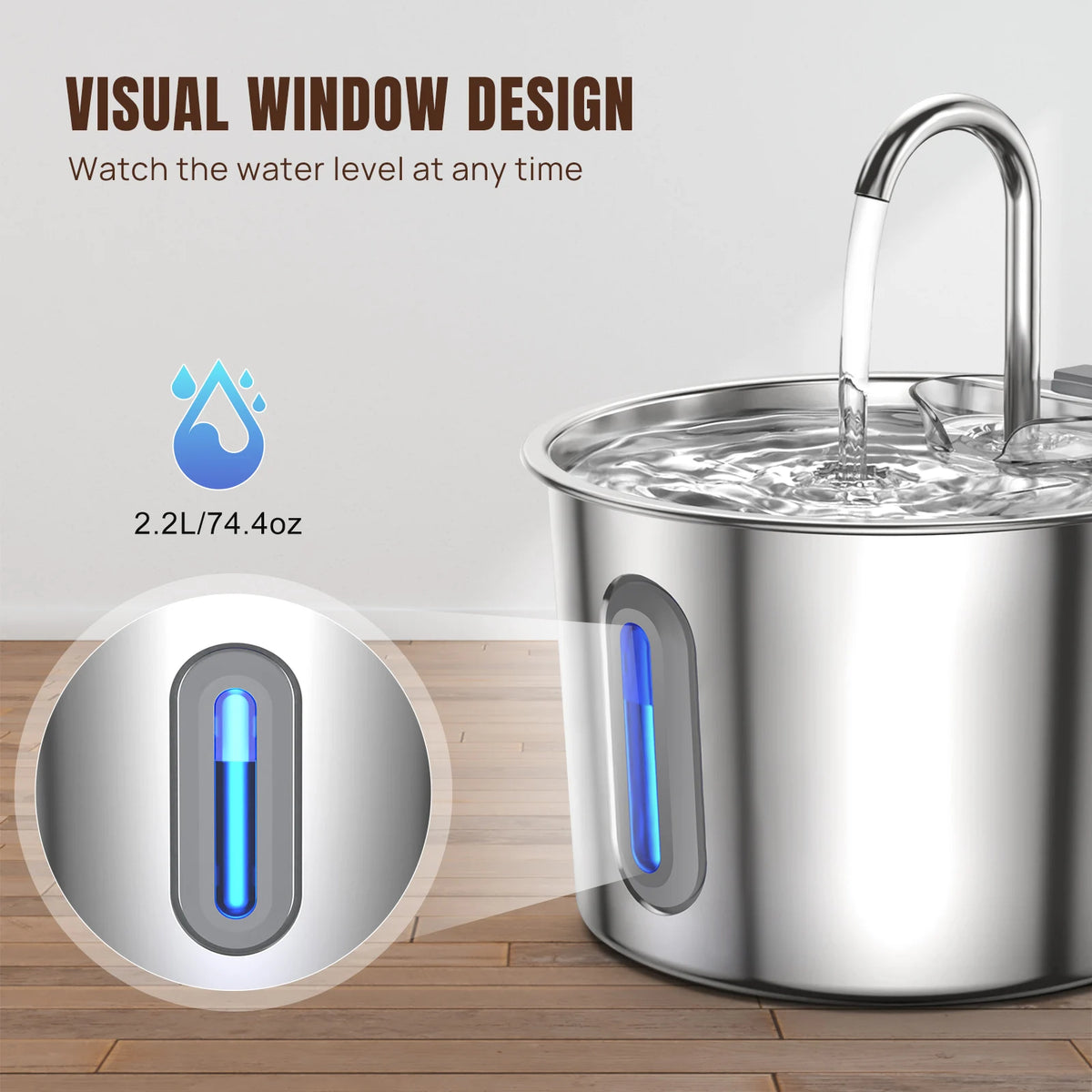 Fuente de agua para gatos 2.2L, acero inoxidable
