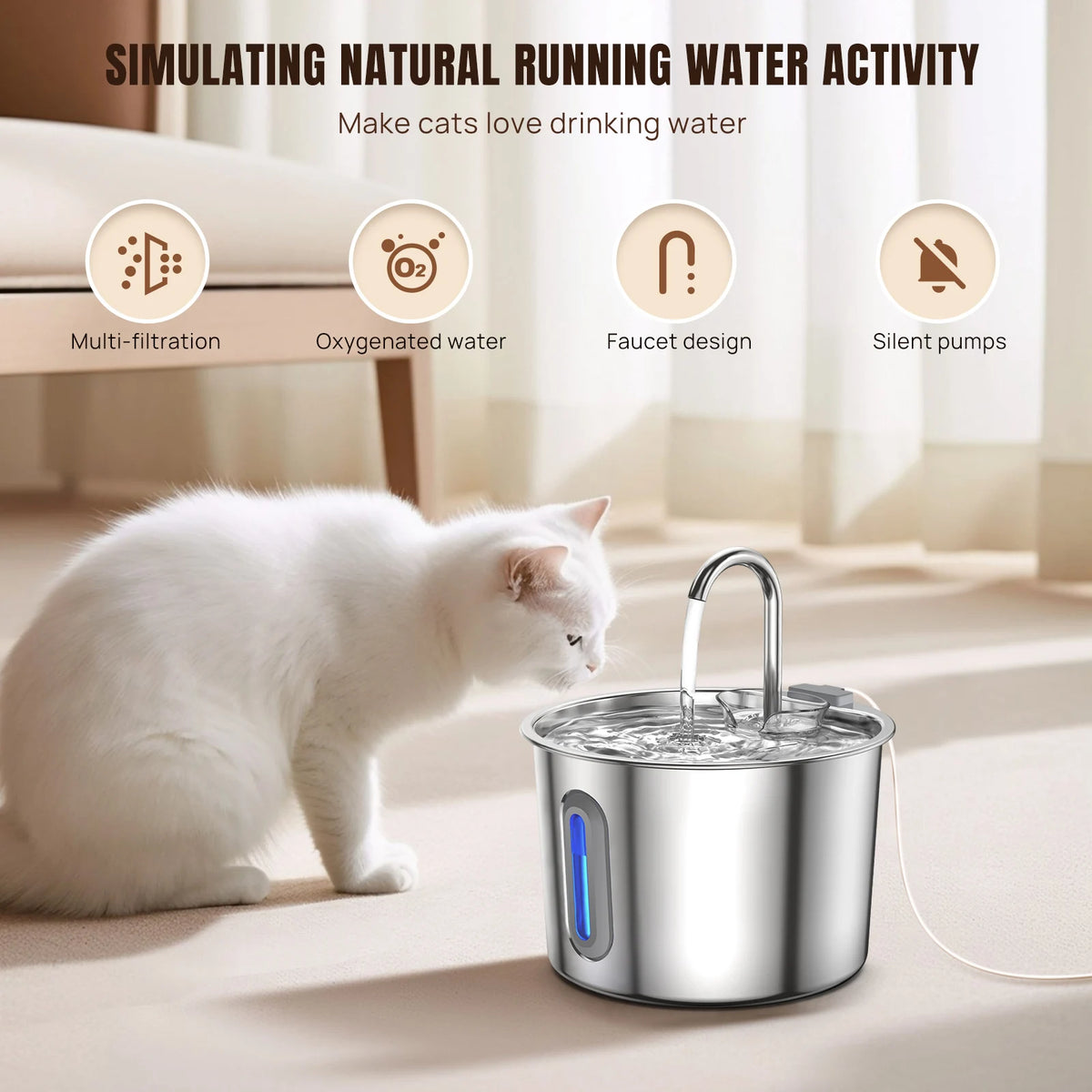 Fuente de agua para gatos 2.2L, acero inoxidable